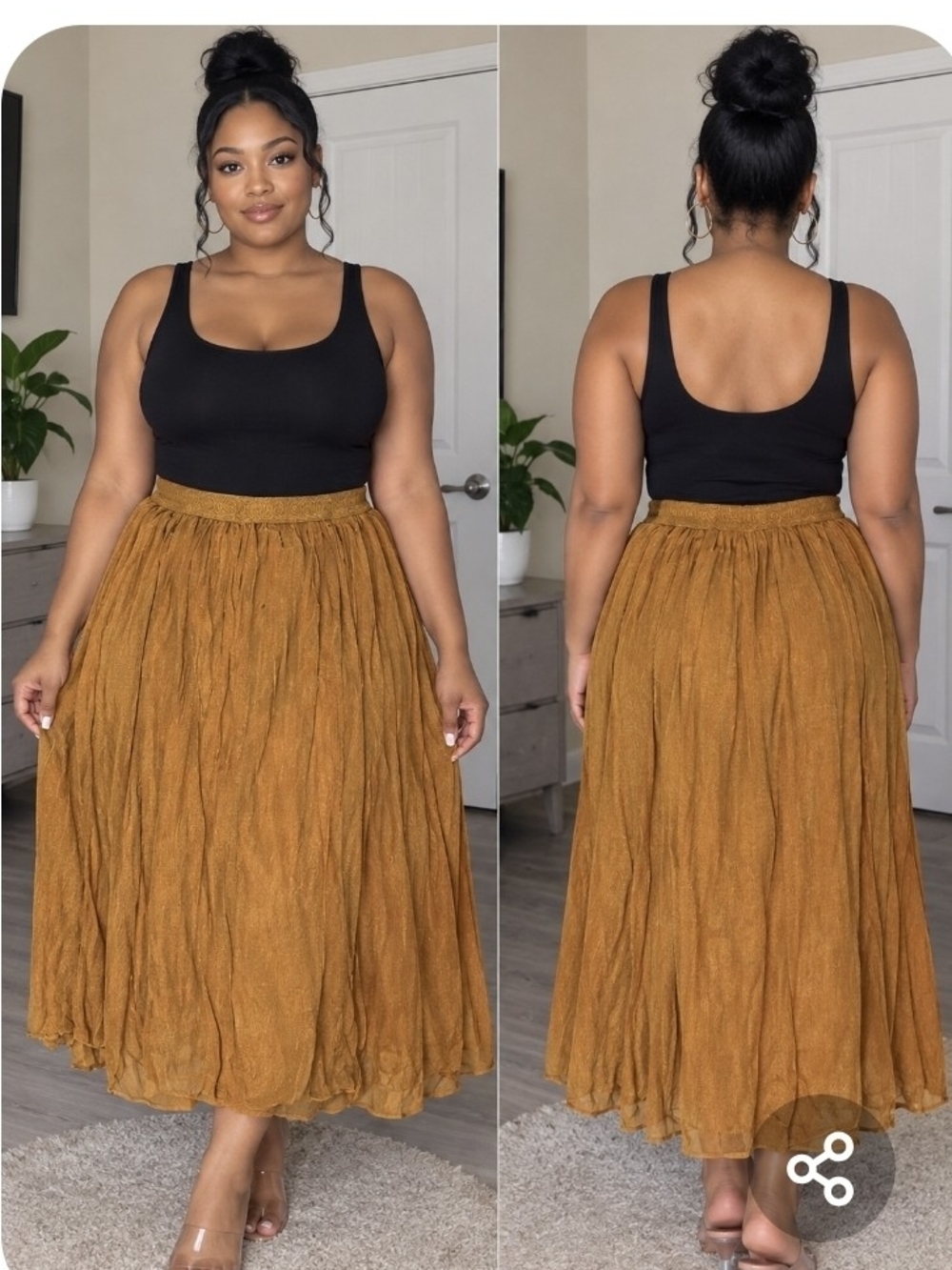 Plus-Size Mustard Midi Skirt - Casual Elastic Waist